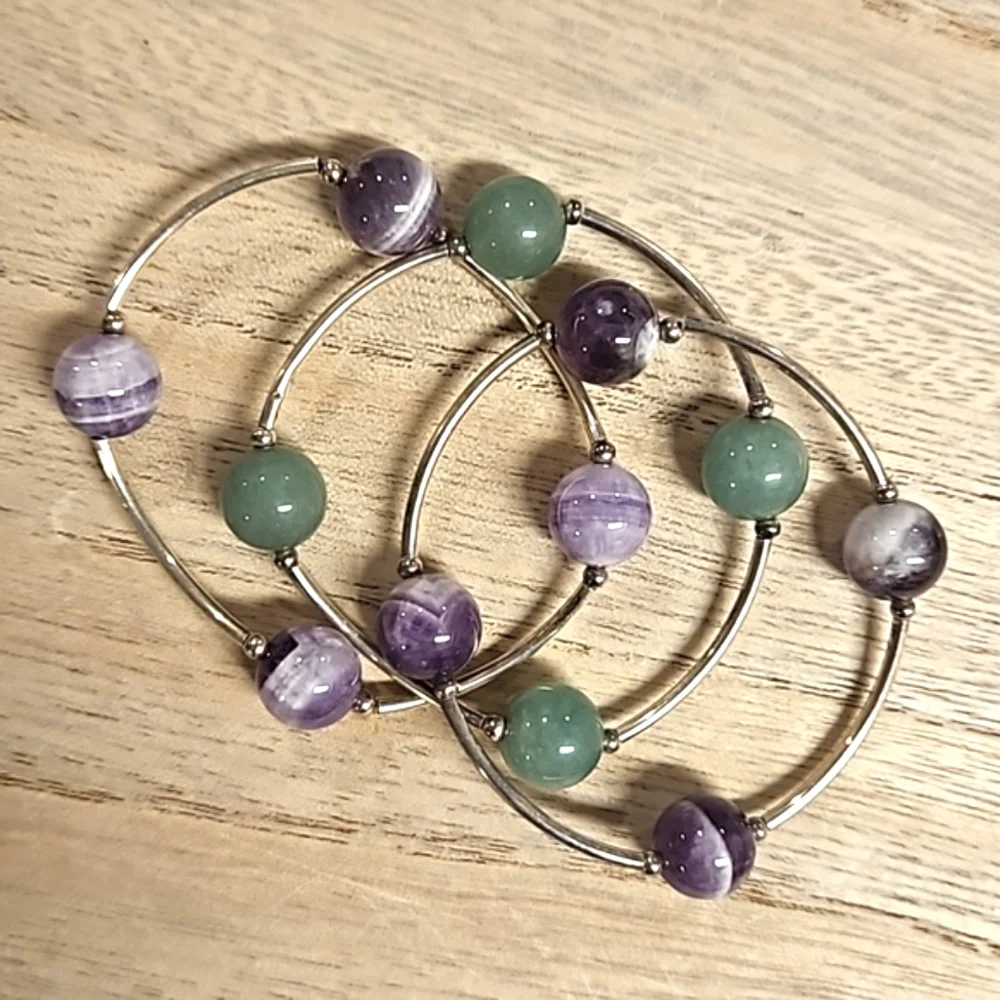 3 pc.stretchy silvertone glass faux gemstone bracelets green purple STACK 'EM! - Picture 2 of 4